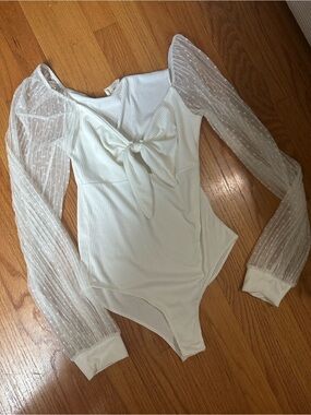 Peach Love California Ivory Sheer Puff-Sleeve Tie-Front Bodysuit